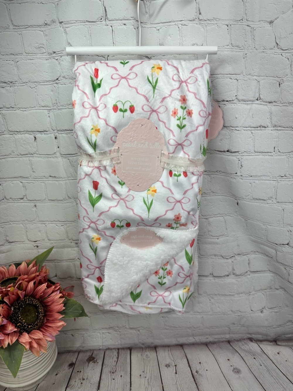 NWT pearl and tulle reversible Floral berry baby Blanket cottage boho coquette